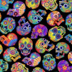 Black Colorful Day Of The Dead Skulls
