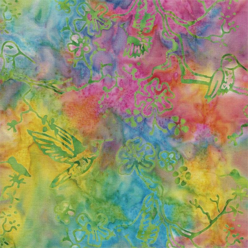 Batik Textiles - Rainbow Green Floral Hummingbirds