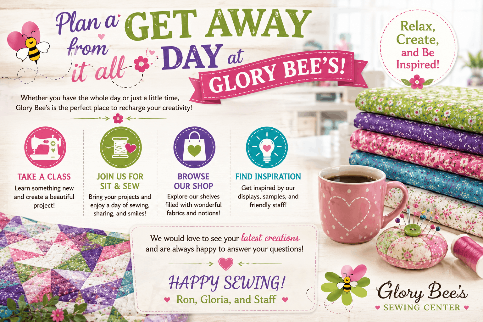 Plan a Get Away Day at Glory Bee’s Sewing Center