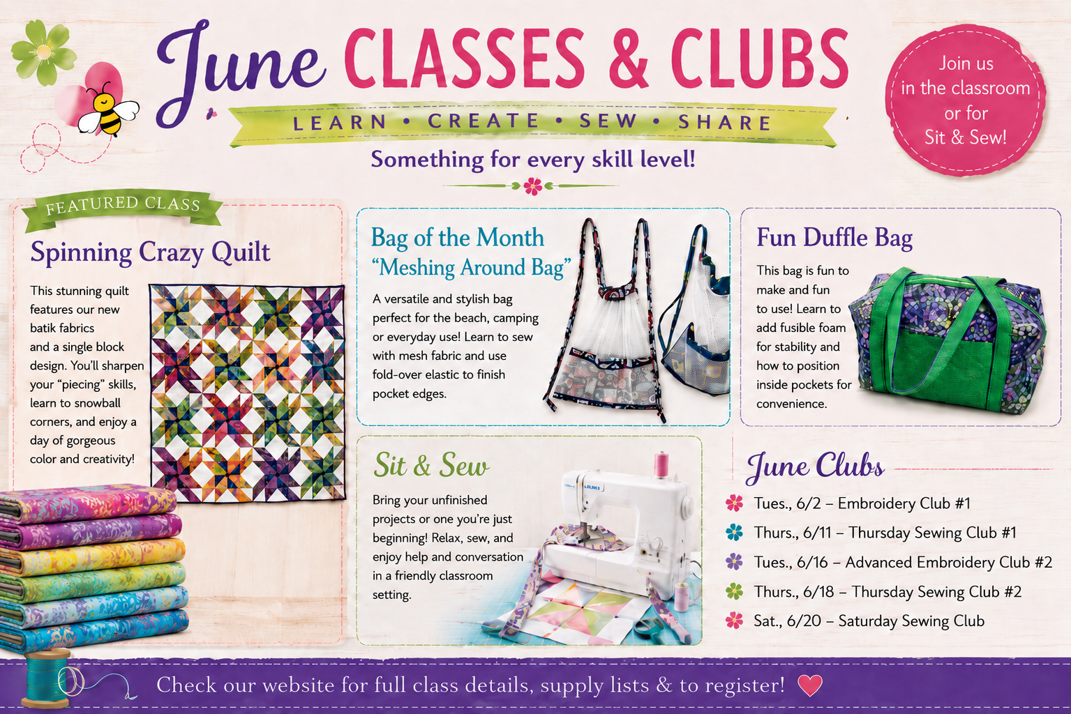 June Classes and Clubs at Glory Bee’s Sewing Center