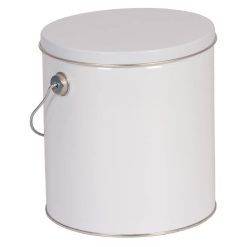White 1 gallon tinplate canister with lid and wire bail handle, the tin Caboodle Canister Cozies are made to fit