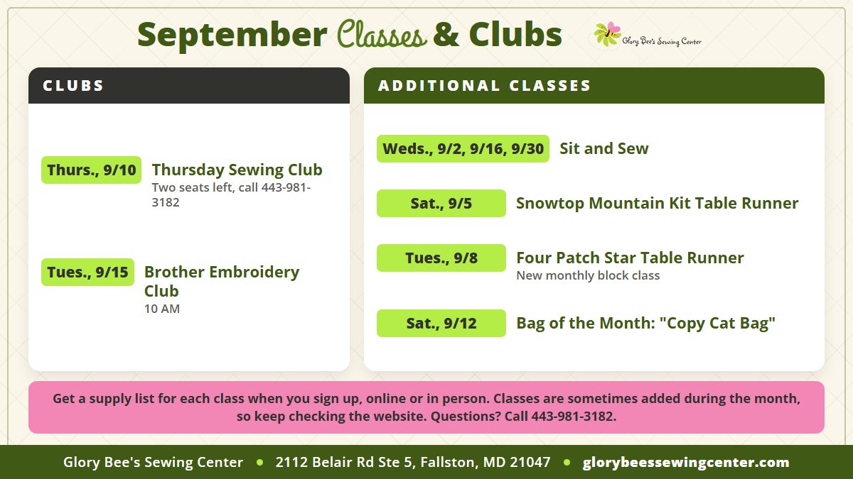 The September class and club calendar at Glory Bees Sewing Center